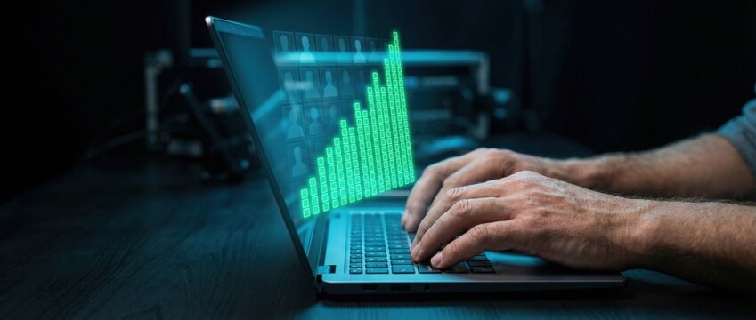 Data analysis on laptop digital workspace interactive visualization modern office close-up view business intelligence trends