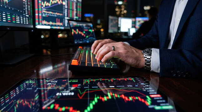 Trader monitors stock market data while typing on a keyboard in a dimly lit office at night in a busy city