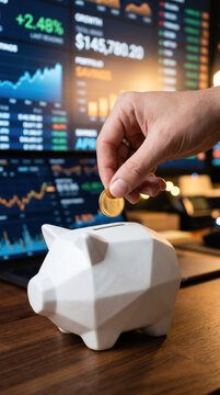 Person places a coin into a white piggy bank while monitoring stock market trends on multiple screens in an office setting