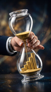 Sand flows through an hourglass while hand holds it showing rising bars