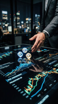Business professional analyzes data on a digital screen in a modern office at night