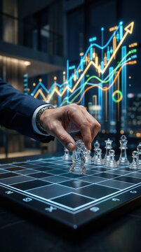 Business and strategy meet in a modern office with a chess game and financial data displayed on screens at night