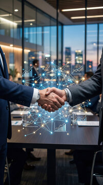 Business people shake hands in an office building during a meeting at sunset while graphs and data appear around them