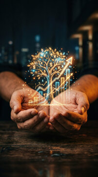 Hands hold a glowing tree with money symbols and a rising chart in a dark room at night