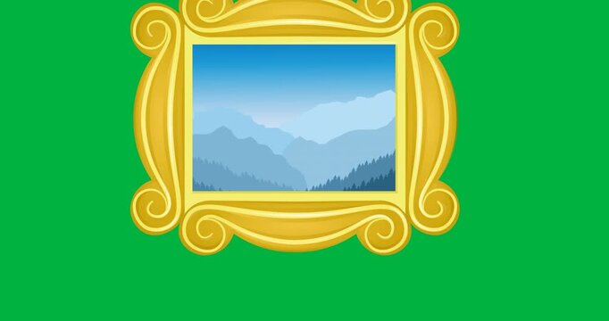 Digital animation of beautiful landscape in golden photo frame against black background
