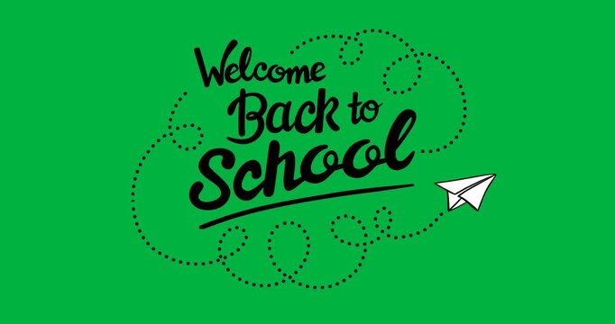 Digital animation of back to school text and paper plane icon against white background