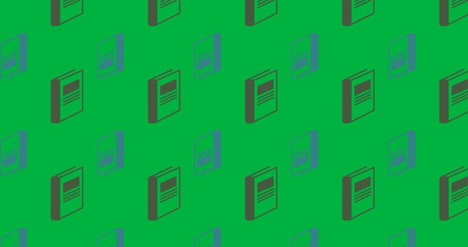 Digital animation of multiple book icons in seamless motion against black background