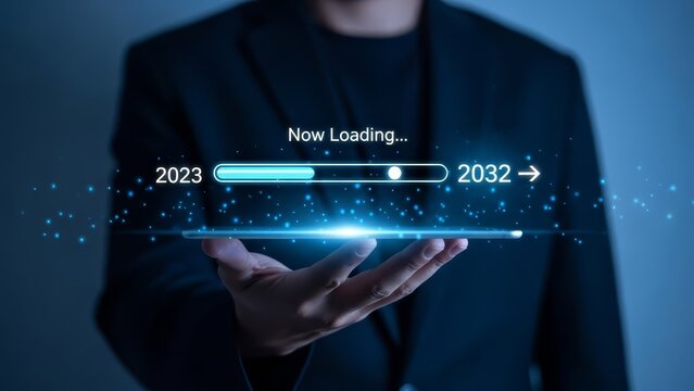 Person holds a digital tablet displaying a loading bar transitioning from 2023 to 2032.