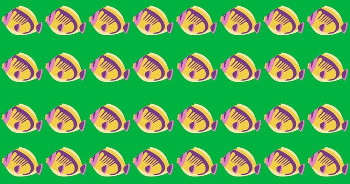 Digital animation of multiple fish icons in seamless pattern against black background
