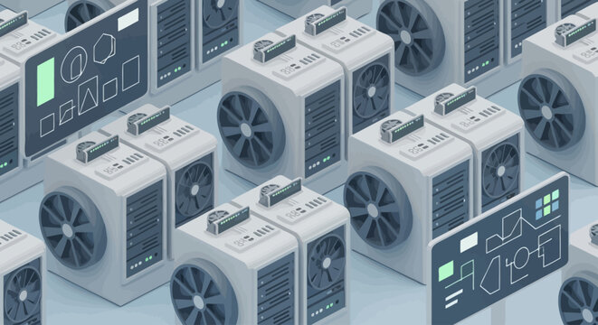 A group of computer servers in a data center with various control panels.