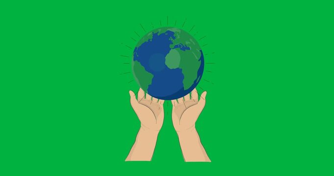 Digital animation of hands holding a globe against black background