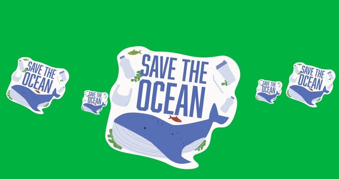 Multiple save the ocean text with whale and heart shaped globe icons against black background
