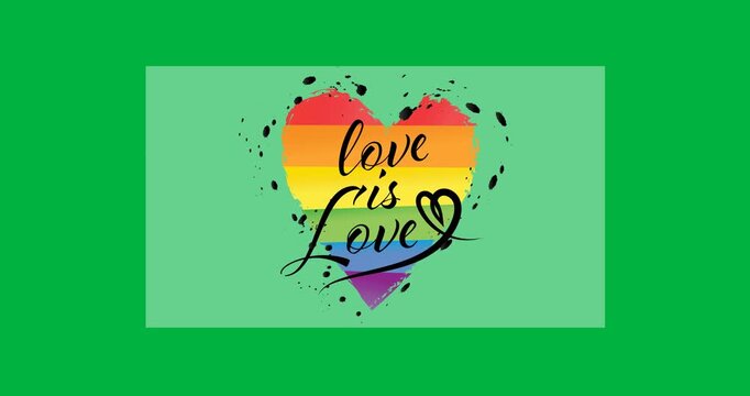 Love is love text over rainbow heart icon against grey banner on black background