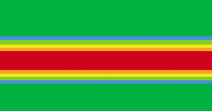 Digital animation of rainbow heart icon over rainbow pattern design against black background