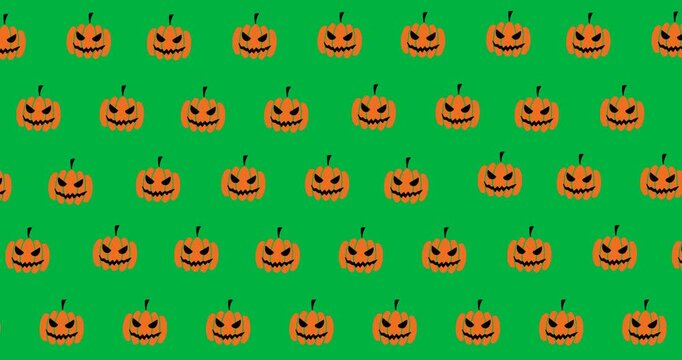 Digital animation of multiple scary pumpkin icons in seamless pattern against black background