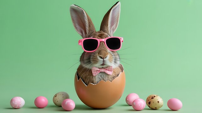 A humorous Easter bunny wearing sunglasses peeks out of a cracked egg, surrounded by pastel-colored Easter eggs on a mint green background