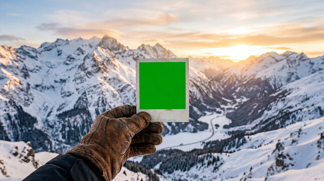 Hand in leather glove holding green screen photo frame against snowy mountain peaks during sunset