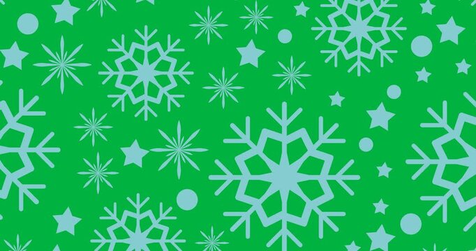 Digital animation of multiple blue snowflakes and star icons in seamless pattern on black background