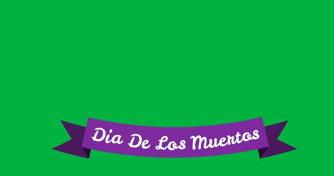 Digital animation of dia de los muertos text over a purple ribbon banner against black background