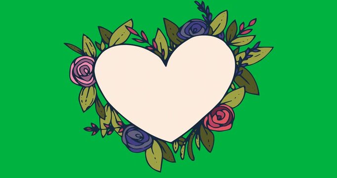 Digital animation of floral design over heart shaped banner with copy space on black background