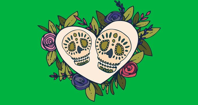 Digital animation of two decorative skull icons over heart shaped banner against black background