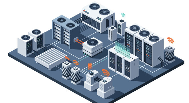 Isometric data center infrastructure layout.