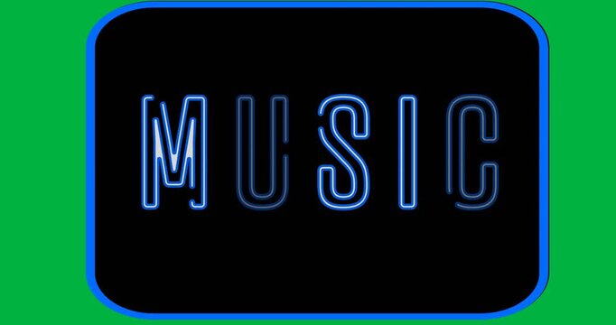 Digital animation of neon blue music text banner against black background