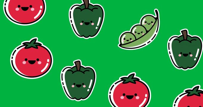 Multiple tomato, peas and bell pepper icons moving in seamless pattern against black background