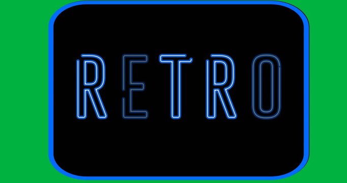 Digital animation of neon blue retro text banner against black background