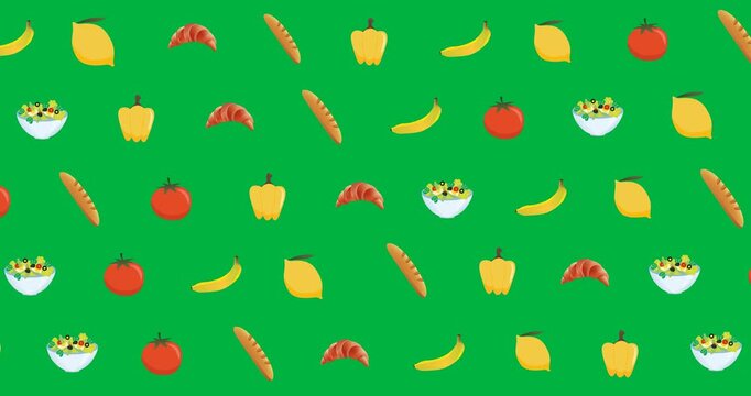 Digital animation of multiple food items in seamless pattern against black background