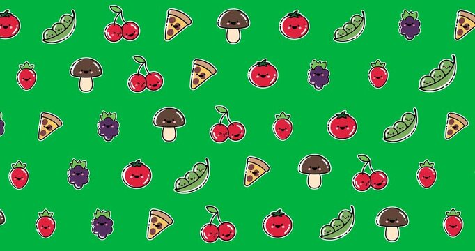 Digital animation of multiple food items in seamless pattern against black background