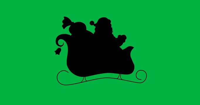 Digital animation of black silhouette of santa claus in sleigh against white background