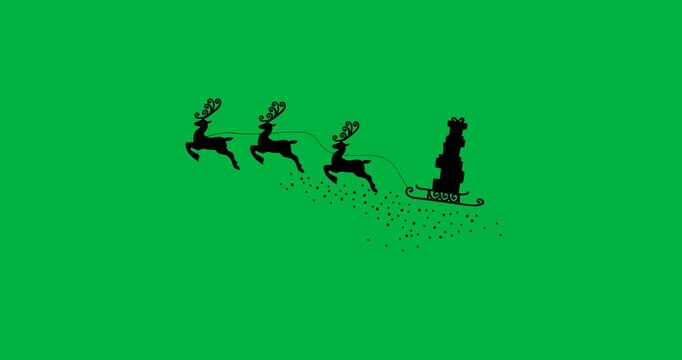 Black silhouette of christmas gifts in sleigh being pulled by reindeers against white background