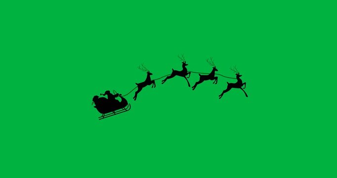 Black silhouette of santa claus in sleigh being pulled by reindeers against white background