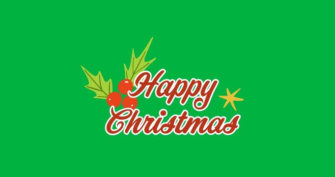 Digital animation of happy christmas text banner with mistletoe icon against black background