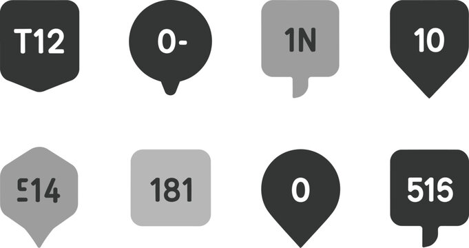 Set of various navigation pin markers and communication speech bubbles featuring alphanumeric character identification labels
