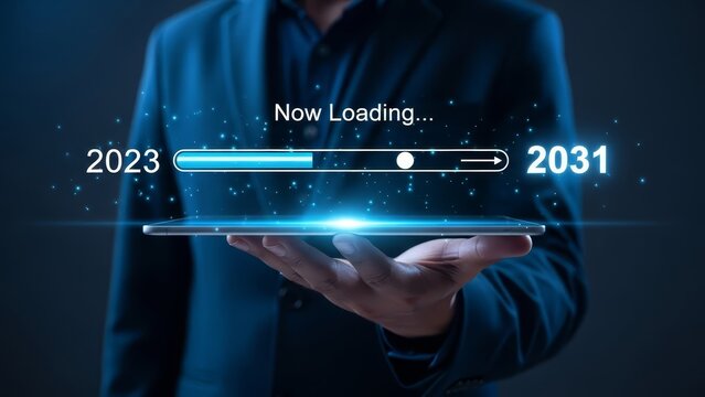 Person holds a glowing digital tablet displaying a "now loading..." progress bar advancing from 2023 to 2031, symbolizing future growth, planning, and long-term development.