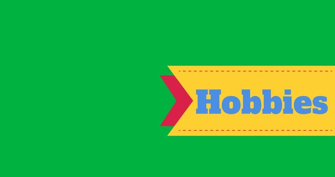 Digital animation of hobbies text over a yellow banner against black background