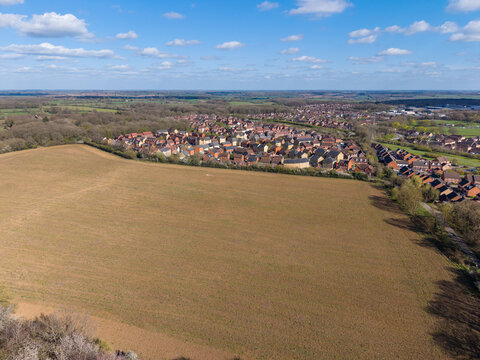 Empty meadow aerial view in preparation for new buld development at Great Ashby area of Stevenage. England