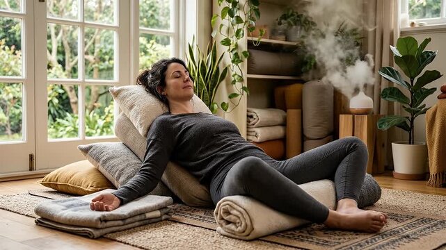 Woman Practicing Restorative Yoga with Essential Oil Diffuser