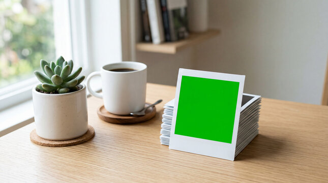 Instant Print Stack with Green Screen Mockup on Wooden Desk with Coffee Mug and Succulent Plant