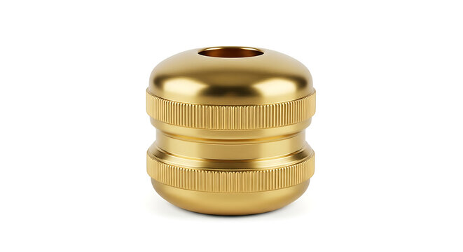 Isolated golden metallic coupler with textured grip and hex socket, engineering component for plumbing or industrial connection, studio shot
