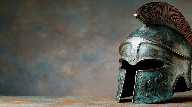 verdigris. Ancient Greek Corinthian helmet, bronze with dents and verdigris, visor down. event programs, museum guides, designed for cultural heritage projects and event programs, preserves heritage.