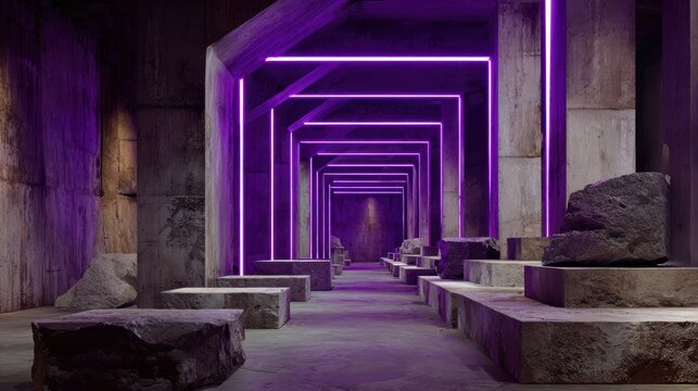Repetitive geometric light frames illuminate a raw concrete interior with display blocks.