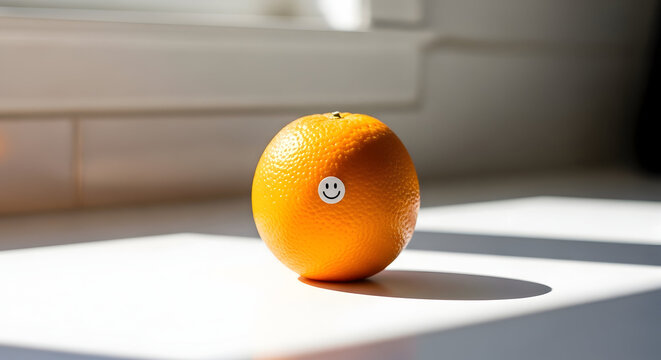 Orange with a smiley face sticker on a windowsill in sunlight