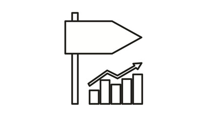 Business growth and strategy vector icon featuring a directional signpost next to a bar chart with an upward-trending arrow, symbolizing financial success, data analysis, and progress. © Sanjida