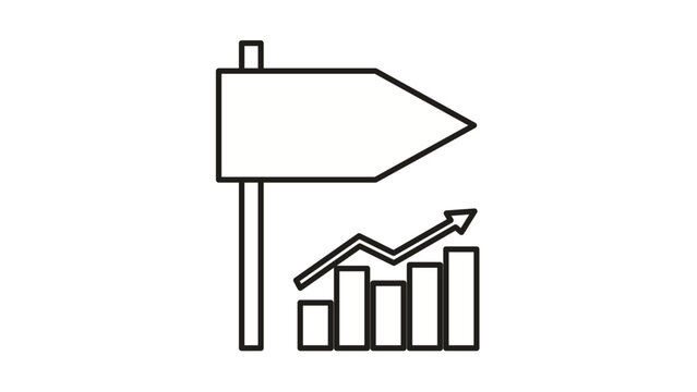 Business growth and strategy vector icon featuring a directional signpost next to a bar chart with an upward-trending arrow, symbolizing financial success, data analysis, and progress.