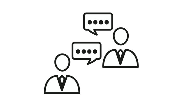 Minimalist black line vector icon of two business professionals in suits engaged in a conversation with speech bubbles, symbolizing dialogue, networking, and communication in a workplace.