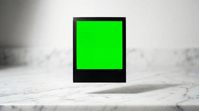 Floating Black Picture Frame with Green Screen Mockup on Marble Background Minimalist Design