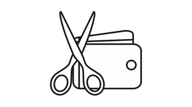 Black line art vector icon illustration of a pair of scissors cutting a wallet, symbolizing budget cuts, financial savings, cost reduction, economic crisis management, and spending control.